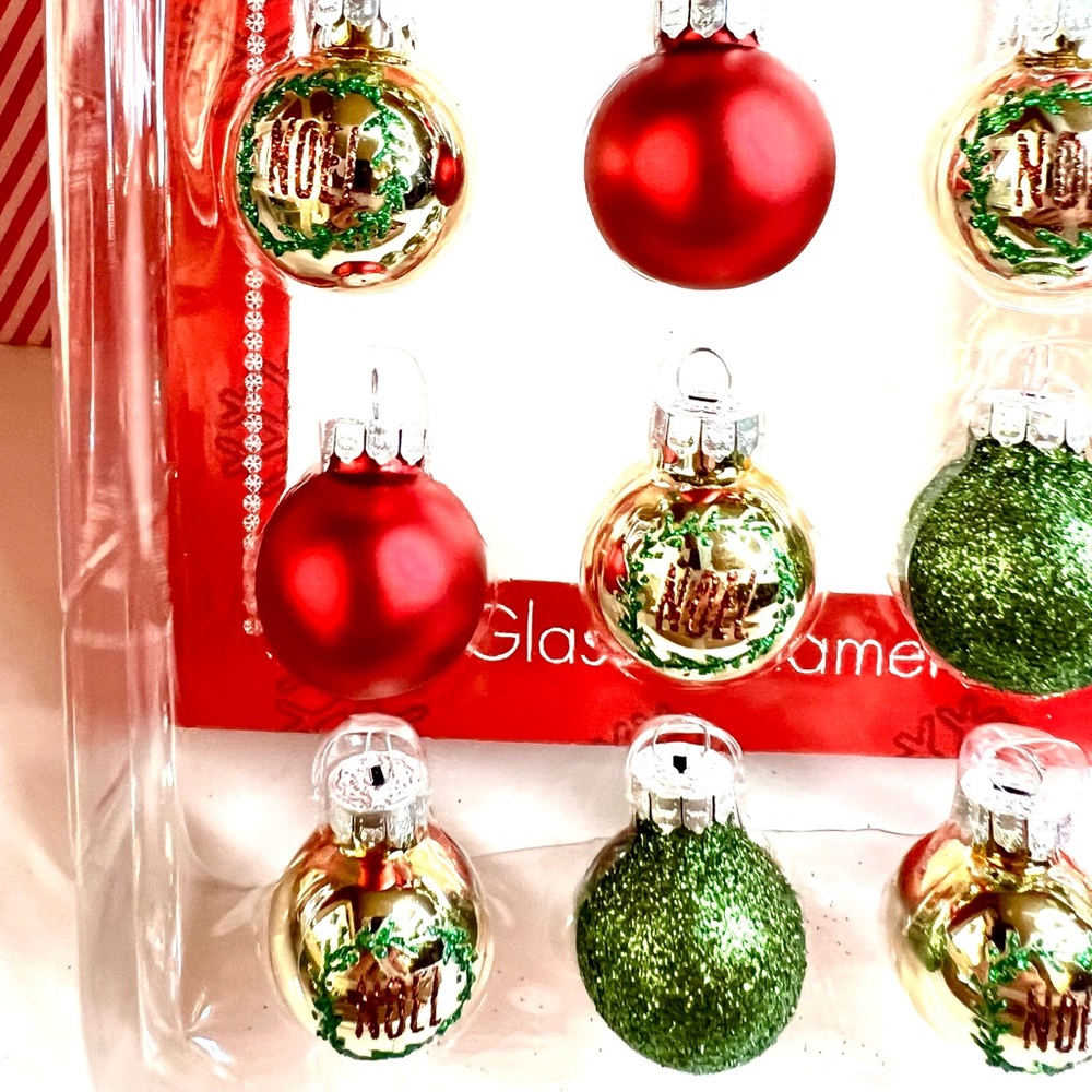 20 Mini Gold Noel Glass Ball Ornaments Christmas Green Glitter Red Satin